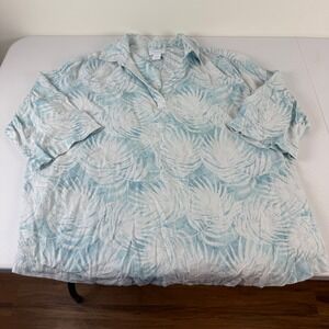 Martha Stewart Blue White Palm Leaf Linen Blend Tunic Top Plus Size 1X Relaxed